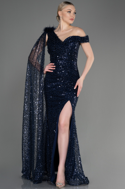 Robe de Soirée Longue Squameuse Bleu Marine ABU3857