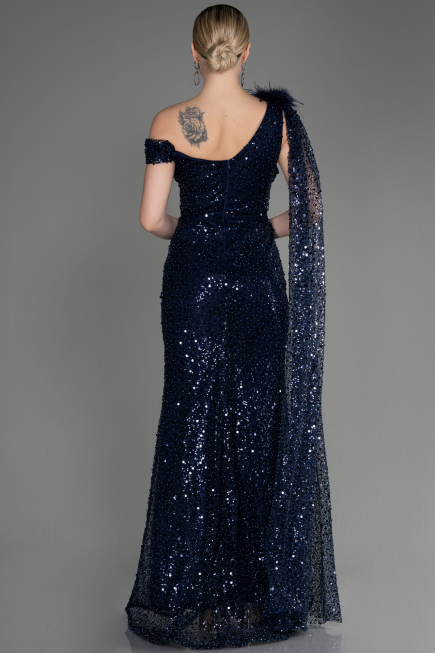 Robe de Soirée Longue Squameuse Bleu Marine ABU3857
