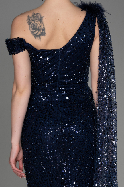 Robe de Soirée Longue Squameuse Bleu Marine ABU3857