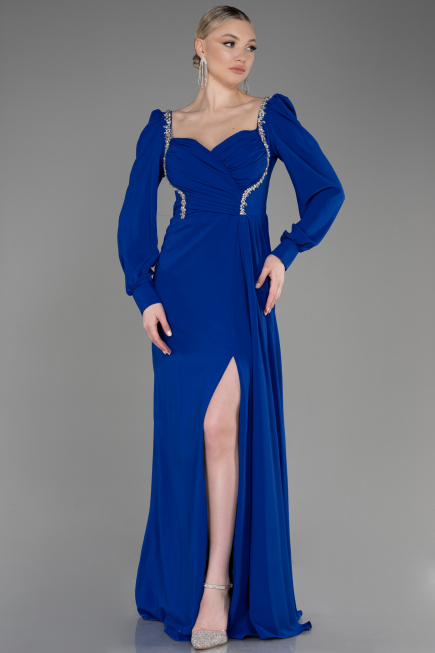 Robe de Soirée Longue Mousseline Bleu Saxe ABU3885