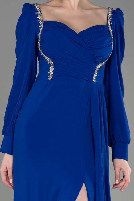 Robe de Soirée Longue Mousseline Bleu Saxe ABU3885
