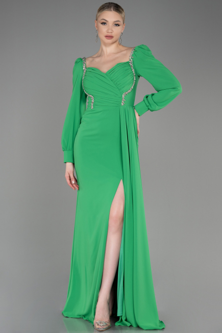 Robe de Soirée Longue Mousseline Vert ABU3885
