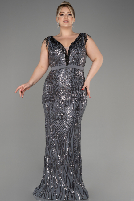 Robe De Fiançailles Grande Taille Longue Anthracite ABU3876