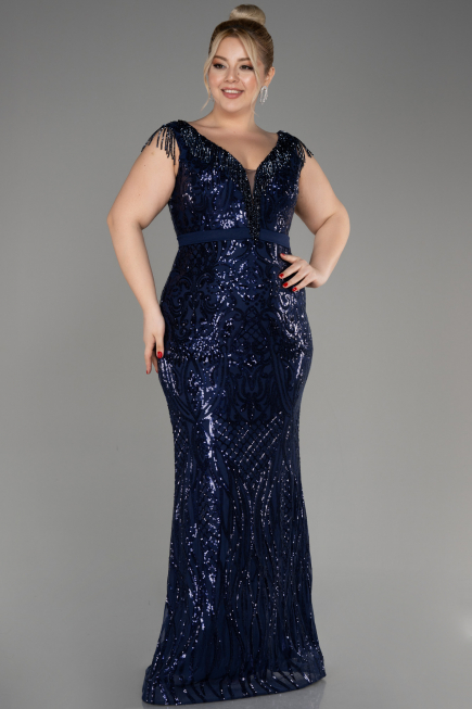 Robe De Fiançailles Grande Taille Longue Bleu Marine ABU3876