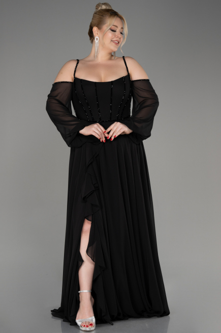 Robe De Fiançailles Grande Taille Longue Mousseline Noir ABU3915