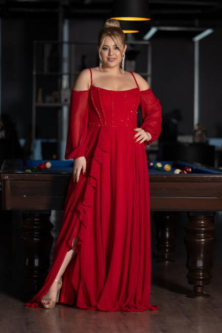 Robe De Fiançailles Grande Taille Longue Mousseline Rouge ABU3915