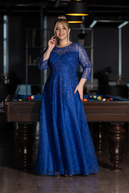 Robe De Soirée Grande Taille Longue Lacé Bleu Saxe ABU3932