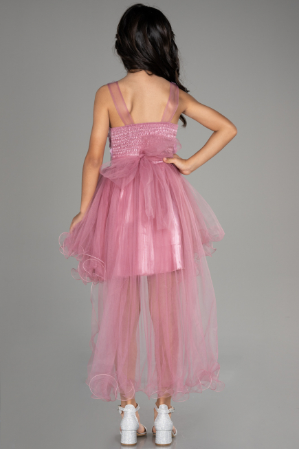 Robe de Soirée Enfants Devant Court Dos Long Couleur Rose ABO106