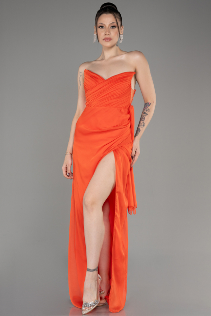 Robe de Soirée Longue Mousseline Orange ABU3947