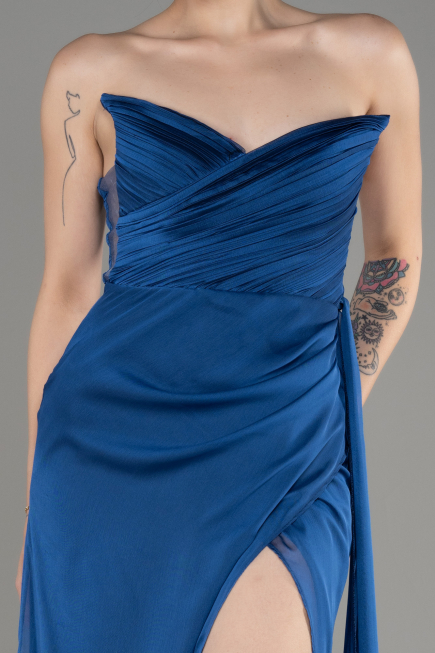 Robe de Soirée Longue Mousseline Bleu Saxe ABU3947