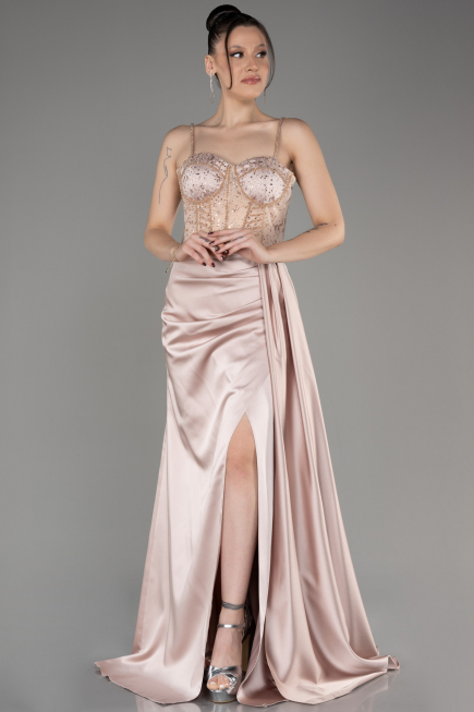 Robe de Soirée Longue Satin Beige ABU3875
