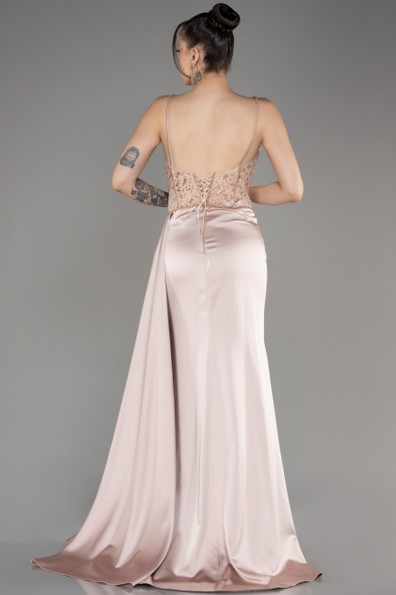 Robe de Soirée Longue Satin Beige ABU3875