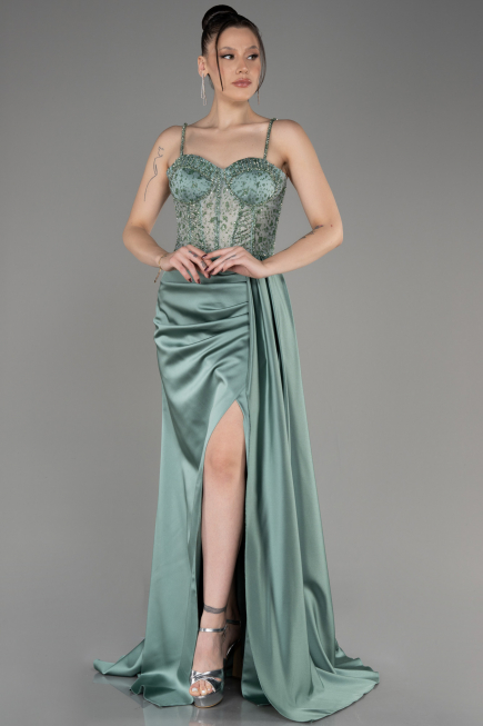 Robe de Soirée Longue Satin Turquoise ABU3875