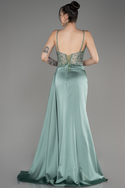 Robe de Soirée Longue Satin Turquoise ABU3875