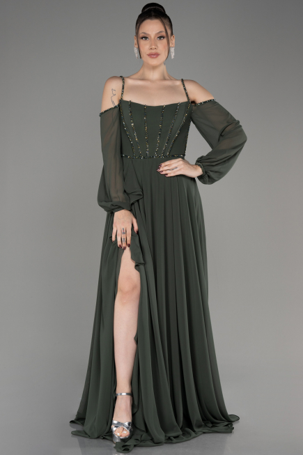 Robe de Soirée Longue Mousseline Kaki ABU3914