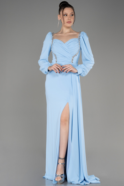 Robe De Soirée Mousseline Longue Bleu clair ABU3885