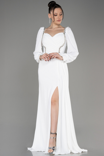 Robe De Soirée Mousseline Longue Blanc ABU3885