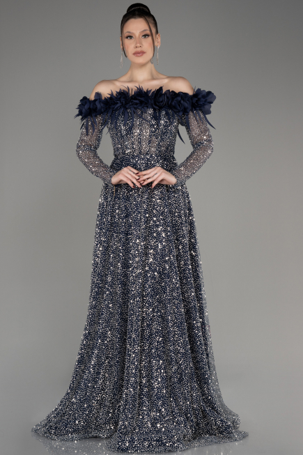 Robe de Soirée Longue Squameuse Bleu Marine ABU3957