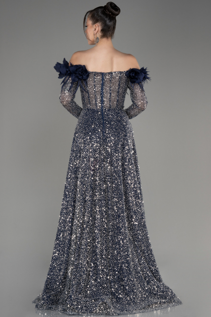 Robe de Soirée Longue Squameuse Bleu Marine ABU3957