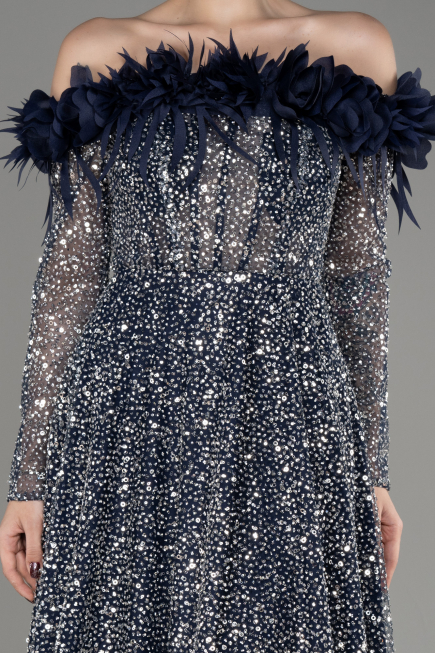 Robe de Soirée Longue Squameuse Bleu Marine ABU3957