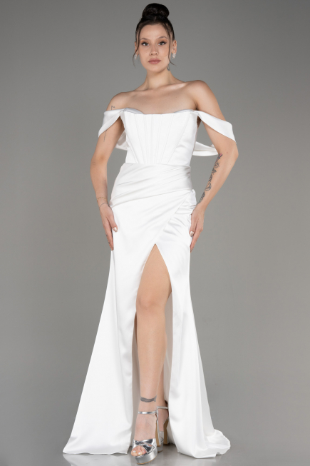 Robe de Soirée Longue Satin Blanc ABU3964