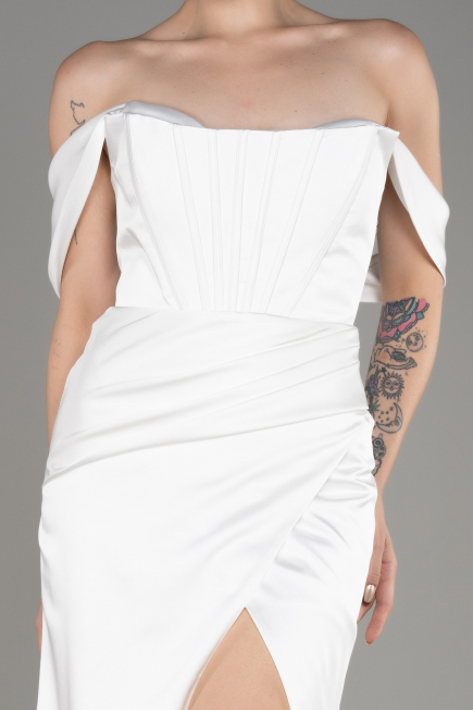 Robe de Soirée Longue Satin Blanc ABU3964