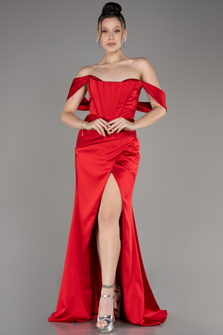 Robe de Soirée Longue Satin Rouge ABU3964
