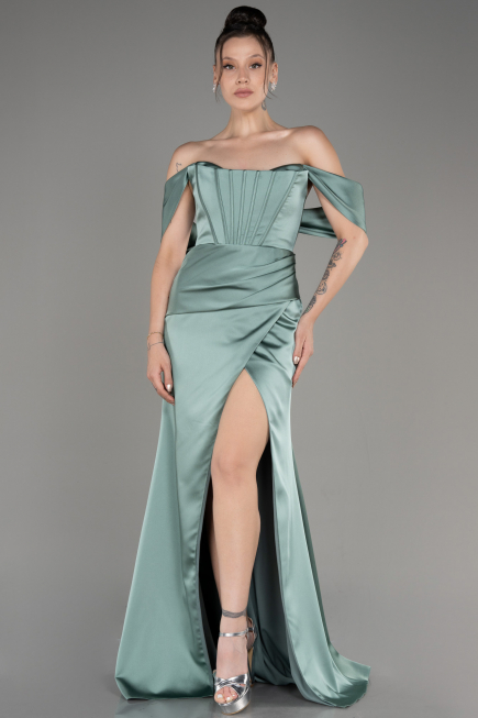 Robe de Soirée Longue Satin Menthe ABU3964