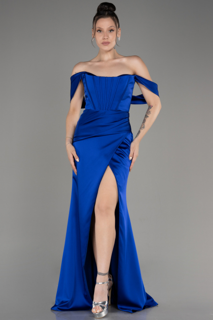 Robe de Soirée Longue Satin Bleu Saxe ABU3964