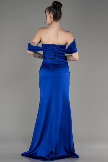 Robe de Soirée Longue Satin Bleu Saxe ABU3964