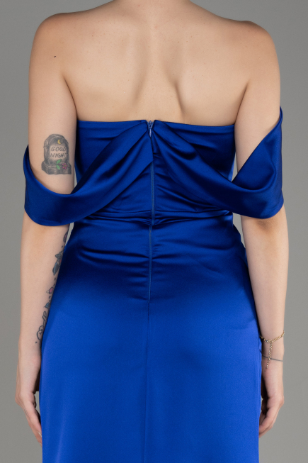 Robe de Soirée Longue Satin Bleu Saxe ABU3964