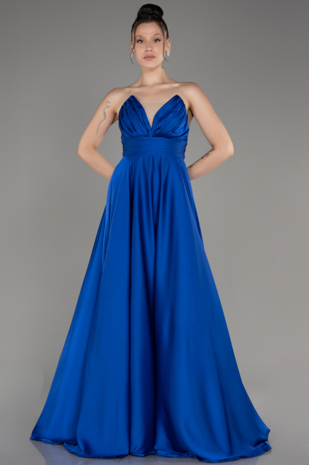 Robe de Soirée Longue Satin Bleu Saxe ABU3965