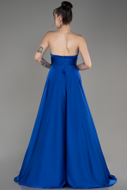 Robe de Soirée Longue Satin Bleu Saxe ABU3965