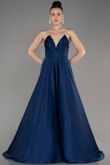 Robe de Soirée Longue Satin Bleu Marine ABU3965