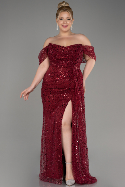 Robe De Soirée Squameuse Longue Rouge Bordeaux ABU3577