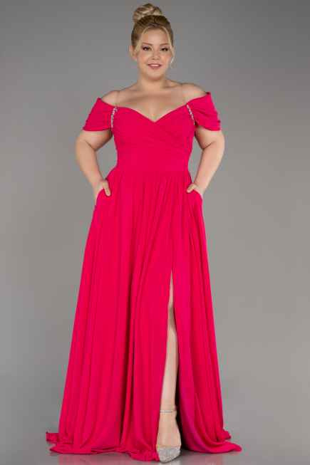 Robe De Soirée Grande Taille Mousseline Longue Fushia ABU3738