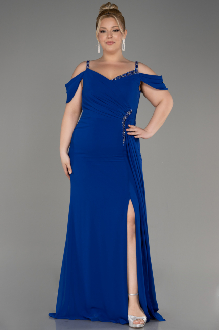 Robe De Soirée Grande Taille Mousseline Longue Bleu Saxe ABU3742