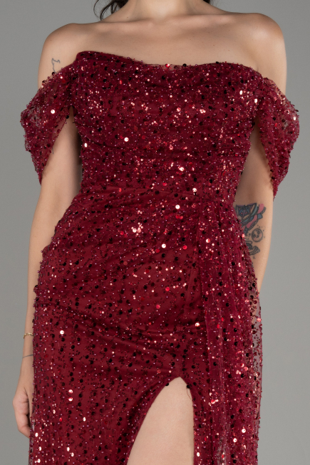 Robe De Soirée Squameuse Longue Rouge Bordeaux ABU3577