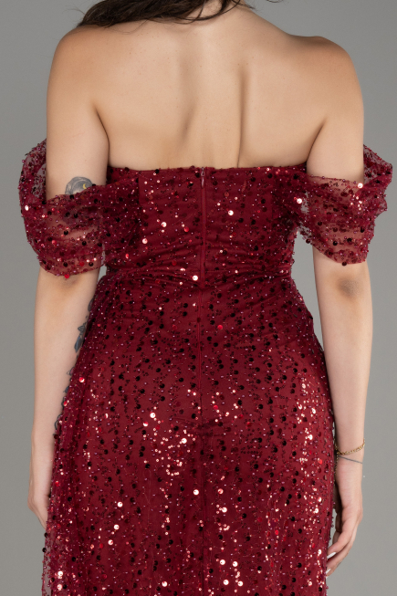 Robe De Soirée Squameuse Longue Rouge Bordeaux ABU3577