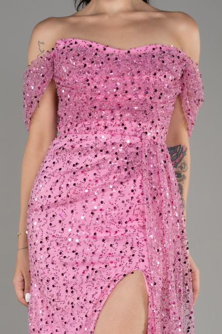 Robe De Soirée Squameuse Longue Rose ABU3577