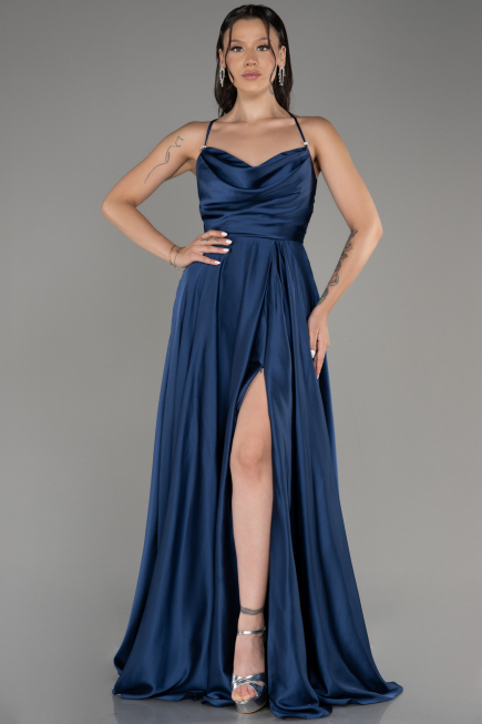 Robe de Soirée Longue Satin Bleu Marine ABU4017
