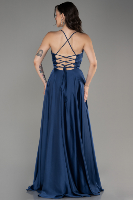 Robe de Soirée Longue Satin Bleu Marine ABU4017