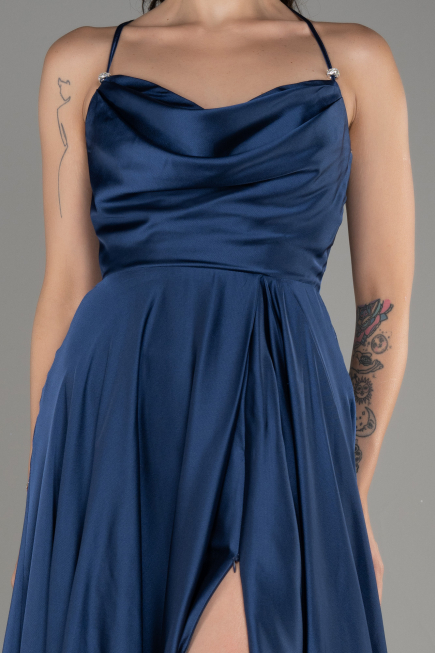 Robe de Soirée Longue Satin Bleu Marine ABU4017