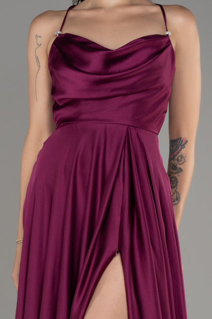 Robe de Soirée Longue Satin Prune ABU4017