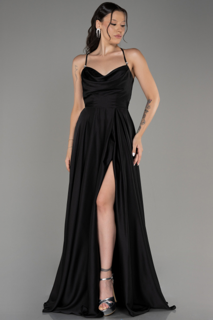 Robe de Soirée Longue Satin Noir ABU4017