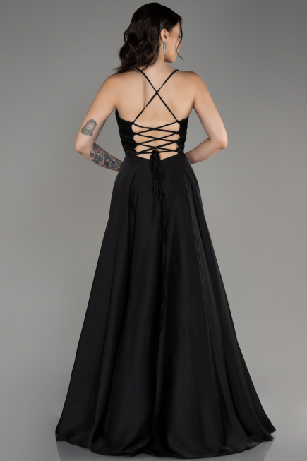 Robe de Soirée Longue Satin Noir ABU4017