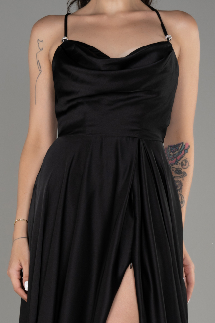 Robe de Soirée Longue Satin Noir ABU4017