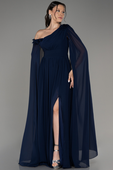 Robe de Soirée Longue Mousseline Bleu Marine ABU4001