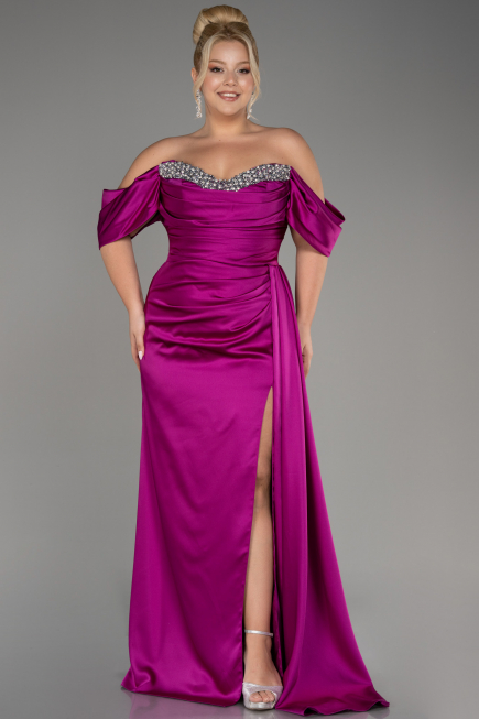 Robe De Fiançailles Grande Taille Satin Longue Violet ABU3655