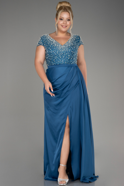 Robe De Soirée Grande Taille Longue Satin Vert Pétrole ABU4053